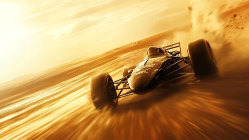 Blazing race car surging through golden desert light.