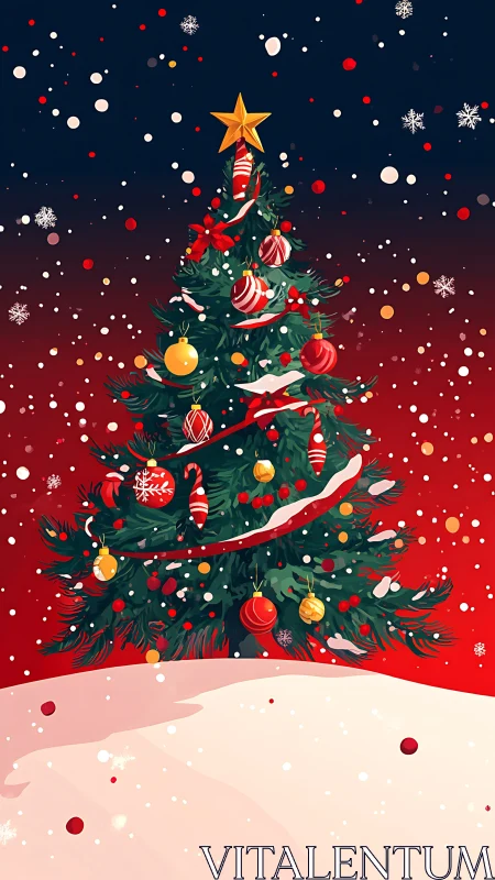 Decorated conifer tree stands centered against gradient sky