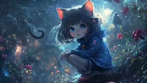 Cat-eared child waits in glowing, enchanted night forest.