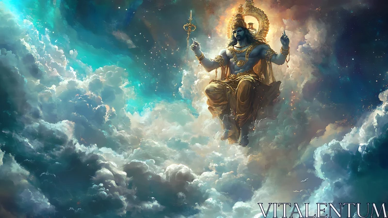 Celestial blue-skinned deity rendered amid volumetric storm clouds