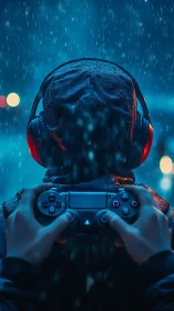 Hooded gamer with controller under neon rain backlighting.