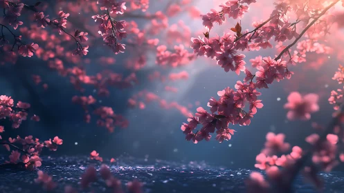 Cherry Blossoms Dancing Through Twilight Mist.
