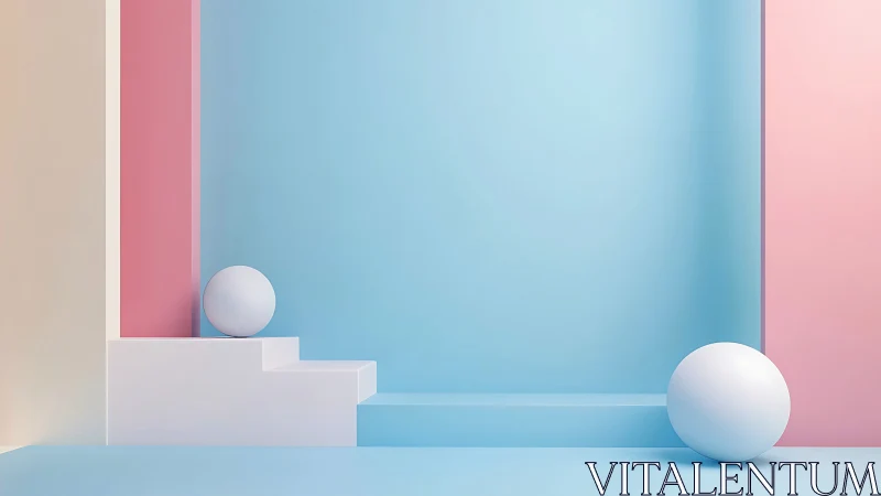 Minimal 3D pastel stage with geometric spheres and planes.