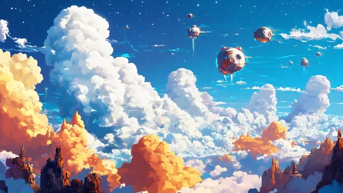 Spherical drones move through towering clouds above rocky spires