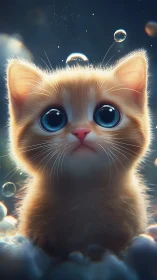 Luminous Kitten with Blue Eyes in Magical Bubble Atmosphere