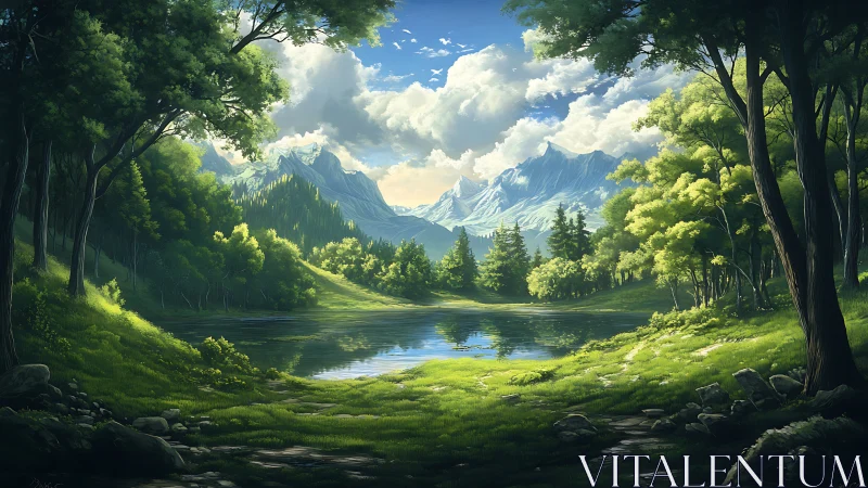 Mountain valley landscape with river, forest canopy framing distant peaks.