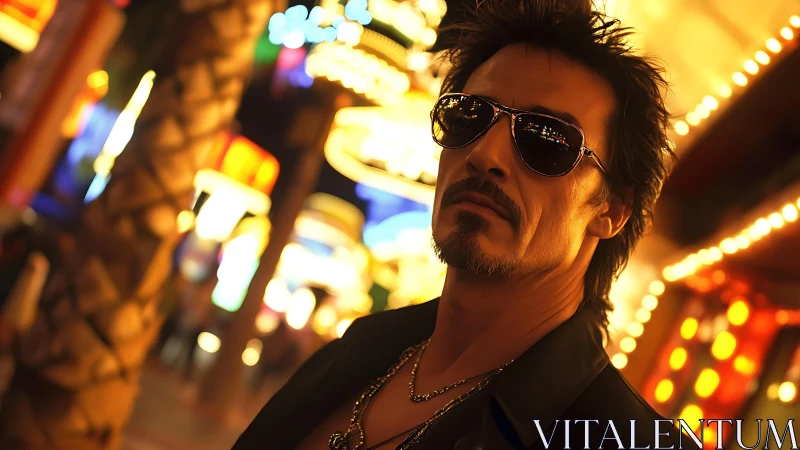 Nocturnal neon portrait with shallow depth and bokeh rendering.