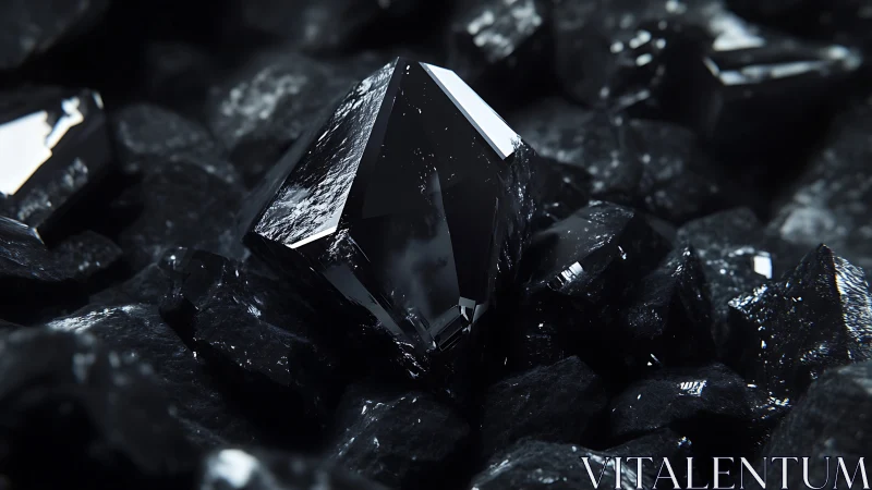 Specular black crystal cluster with high-gloss facets rendered.