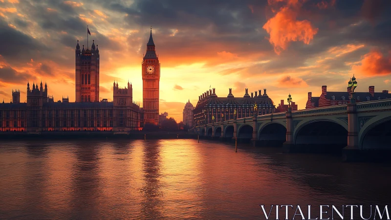 Sunset Parliament glow over river-slicked Westminster bridge.