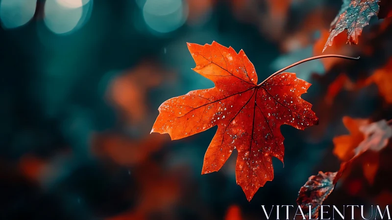 Macro study of dewy red maple leaf against teal bokeh field