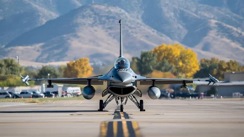 Front-view jet fighter poised on runway amid autumn hills.
