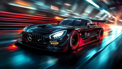 Sleek black race car surges through neon tunnel in bold motion