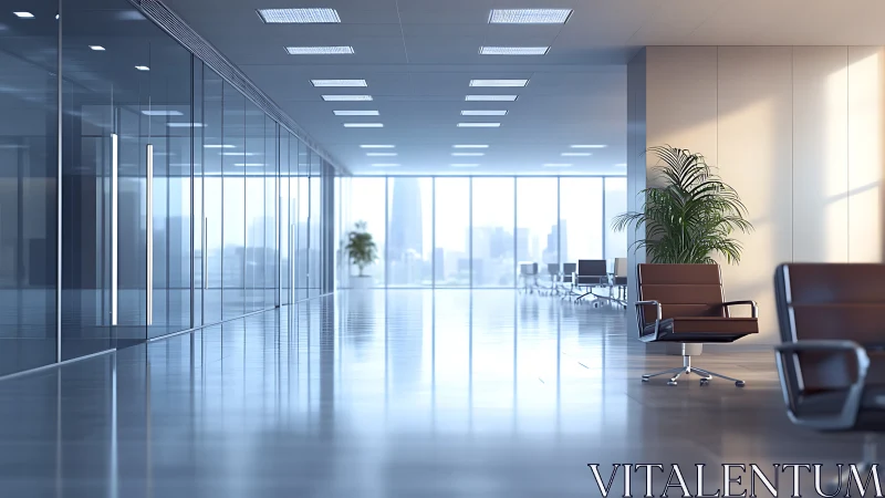 Modern open office corridor with glass walls and seating.