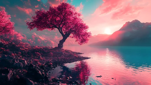 Dreamlit pink tree watching over a serene neon lake.