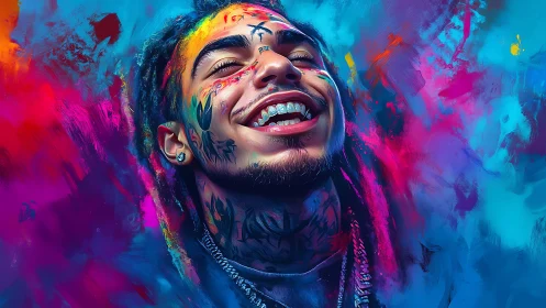 Vibrant tattooed portrait bathed in neon color bursts.