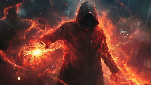 Hooded pyromancer channels eruptive fire in neon rainstorm