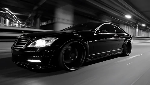 Black coupé in motion through illuminated tunnel at night.