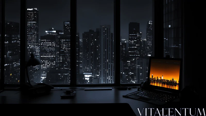 Midnight office window framing neon city dreams in shadow.