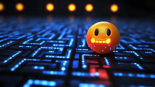 Neon emoji sphere glows over futuristic circuit maze.