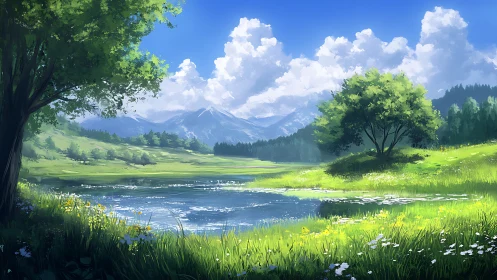 Sunlit mountain meadow dreaming beside a glassy riverbend.