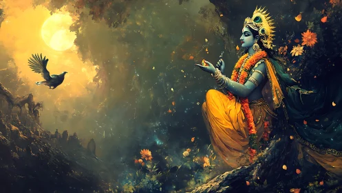 Moonlit forest goddess sharing quiet magic with a bird.