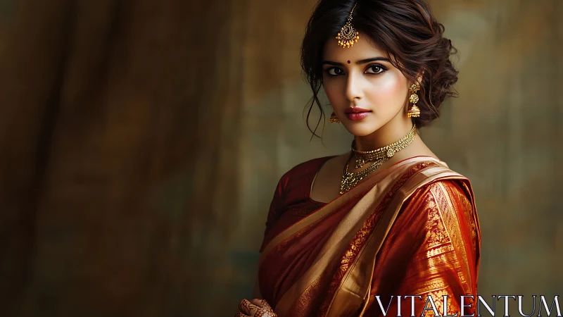 Photorealistic Indian bridal portrait with textile micro-detail.