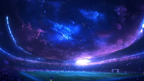 Night stadium under nebula sky with luminous violet LED rim