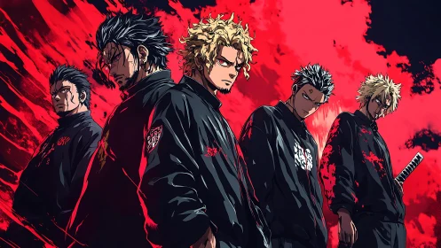 Five anime delinquents stand unified before violent red sky