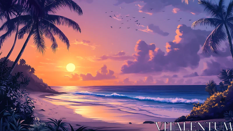 Tropical beach sunset with palm trees and glowing sky.