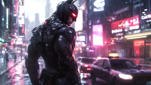 Armored vigilante in neon-soaked rainy cyberpunk metropolis.