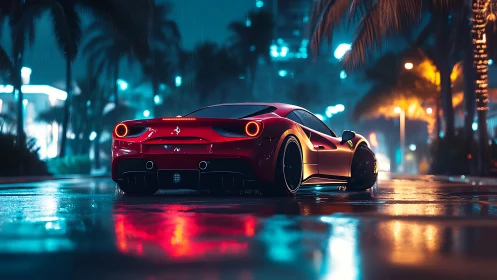 Red sports car on wet neon city street at night.