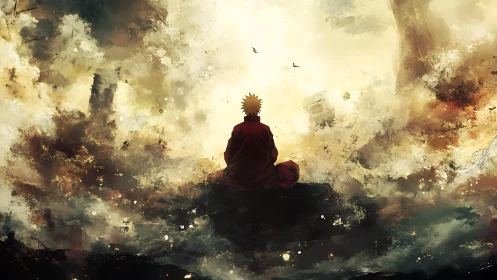 Solitary robed figure seated before diffuse luminous sky.