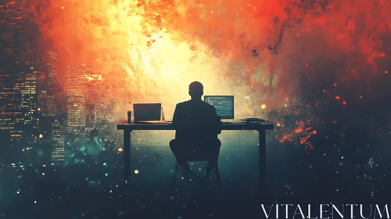 Hacker at workstation silhouette against explosive digital cityscape.