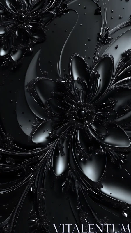 High-gloss black fractal florals with liquid metallic curvature