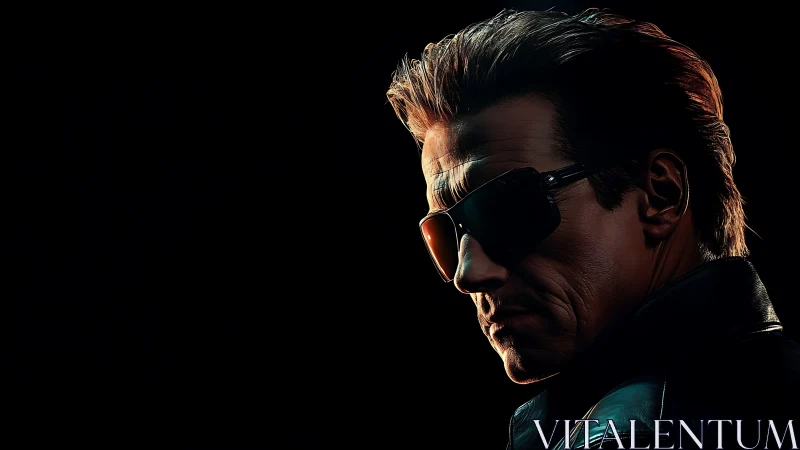 Cybernetic tough figure wears dark shades in harsh rim light