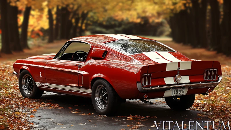 Classic red fastback muscle car under autumn canopy.