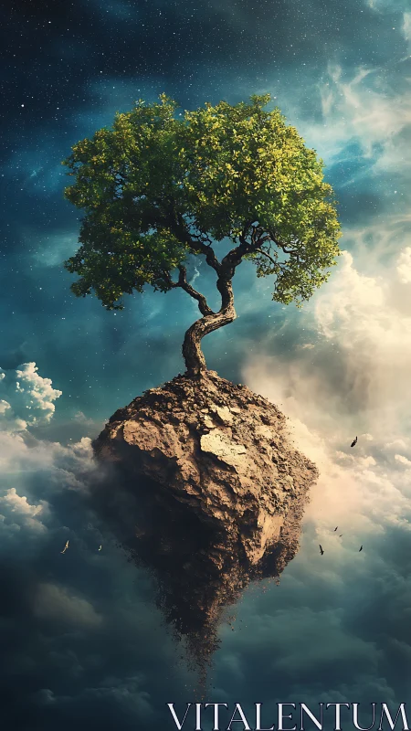 Lonely sky tree drifting gently above soft glowing clouds.