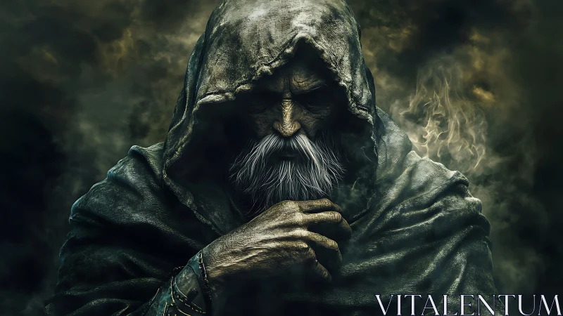 Hooded elder sorcerer rendered in high-contrast digital chiaroscuro