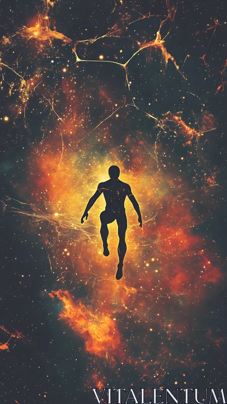 Cosmic silhouette ascends through glowing nebula portal.