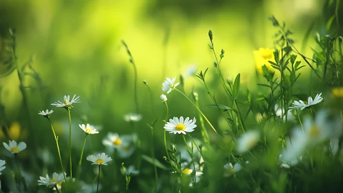 Delicate Wildflowers in Soft-Focus Meadow with Golden Hour Lighting.