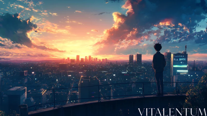 Anime skyline sunset panorama with solitary rooftop figure.