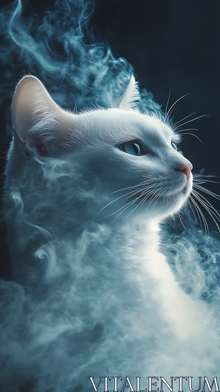Mystical white cat emerges from swirling blue smoke veil