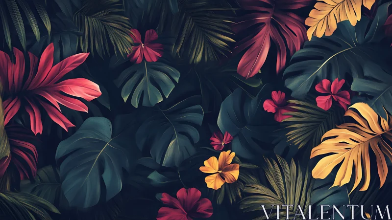 Digitally rendered tropical foliage pattern with vivid florals