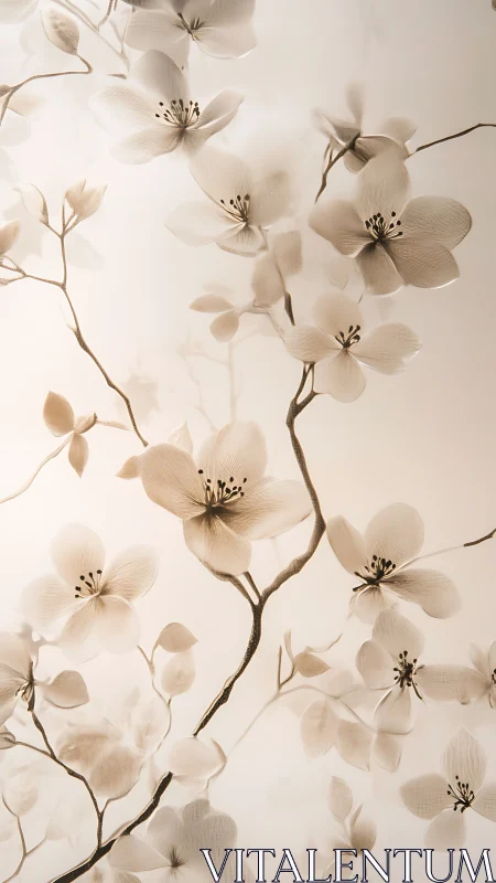 Soft cherry blossoms drift gently across a tranquil canvas