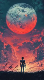 Solitary exosuit observer beneath refracted crimson satellite.