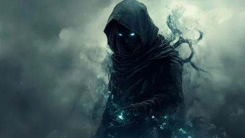 Hooded spectral mage with cyan bioluminescent magic aura