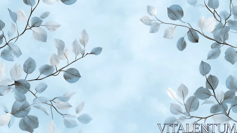 Branches with pale blue leaves frame a central empty space