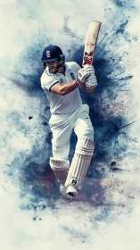 Cricket batsman in full swing over abstract splatter background.