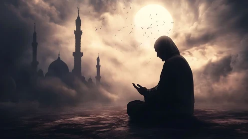 Silhouetted worshiper in moonlit mist beside distant mosque.