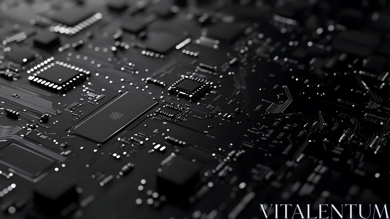 Black circuit board with microchips and reflective traces.